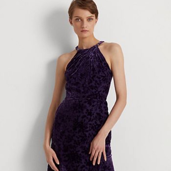 Lauren Ralph Lauren Velvet Burnout Crystal Embellished Halter Neck Sheath Gown - Picture 5 of 17